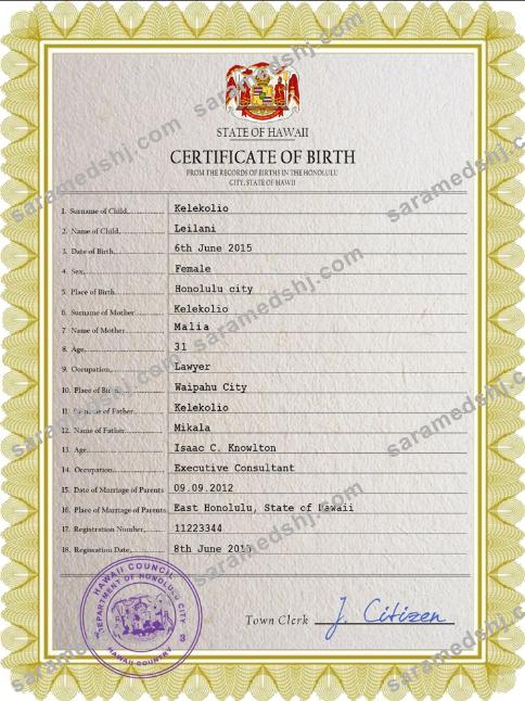 Hawaii birth certificate PSD template